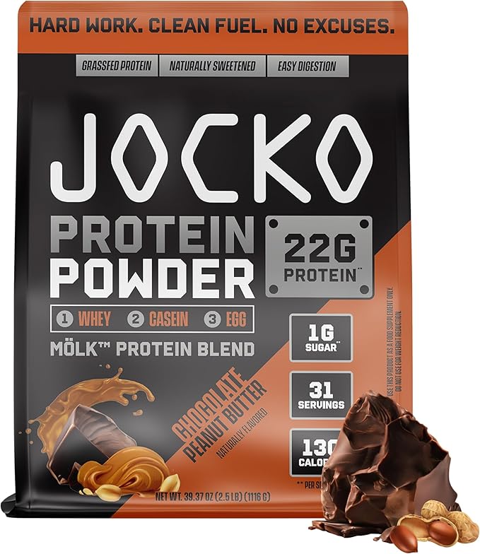 Jocko Fuel Mölk Whey Protein Powder 22g Low Sugar Monk Fruit Blend - Muscle Recovery & Growth, Packaging May Vary (31 Servings, Chocolate Peanut Butter)
