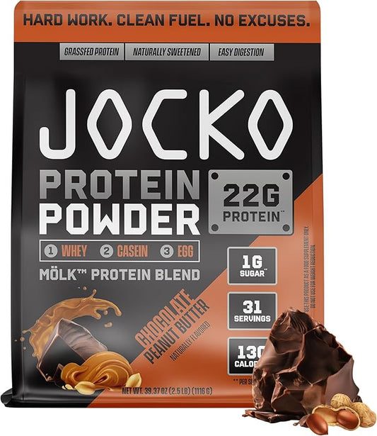 Jocko Fuel Mölk Whey Protein Powder 22g Low Sugar Monk Fruit Blend - Muscle Recovery & Growth, Packaging May Vary (31 Servings, Chocolate Peanut Butter)