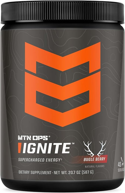 MTN OPS Ignite Energy Drink Powder, Gluten Free Nootropic Supplement Drink Mix, L Arginine, L Citrulline, Caffeine & Nootropic Sugar Free Drink Mix, 45 Servings, Bugle Berry