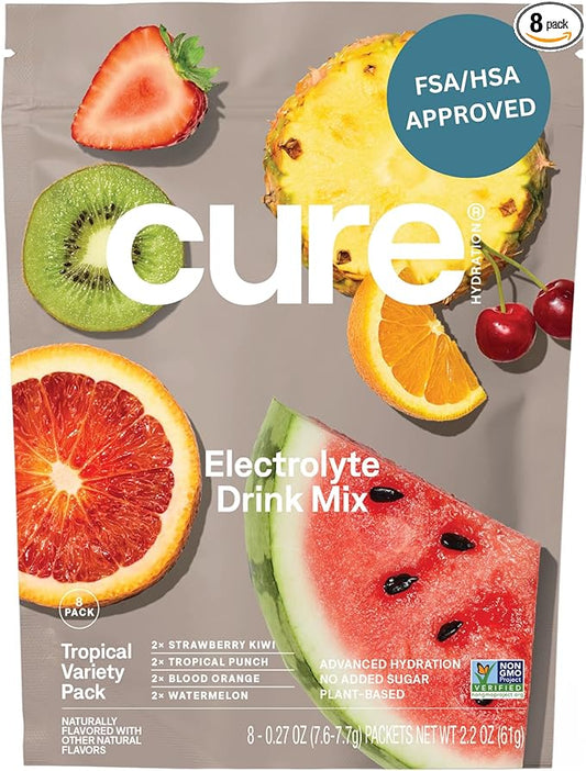 Cure Hydration | Plant-Based Electrolyte Drink Mix | No Added Sugar | FSA-HSA | Dehydration Relief