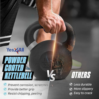 Yes4All Kettlebell, Heavy Duty Powder Coated Cast Iron Kettlebells, Non-Slip Handle & Flat Bottom for Conditioning, Strength Training & Full Body Exercises at Home Gym - Single & Pair