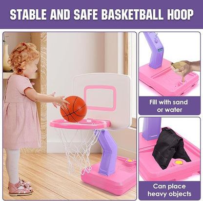 Super Joy Toddler Girl Basketball Hoop - Adjustable Kids Ball Hoop Set for Indoor - Portable Pink Mini Basketball Goal Outdoor Outside Pool Sport Toys Gifts for Baby Boys Age 1-3 2-4 3-5