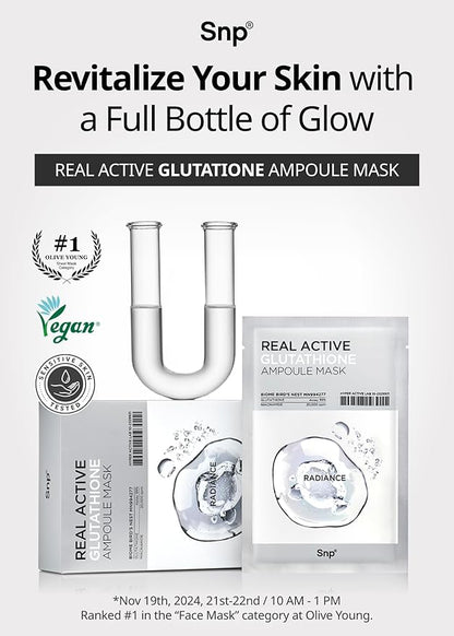 SNP Real Active Glutathione Ampoule Sheet Mask | Vegan Face Mask with Glutathione & Niacinamide | Revitalizing and Balancing for All Skin Types | Korean Face Masks Skincare | 10 Sheets
