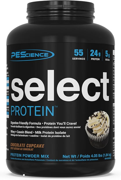 PEScience Select Protein Powder, Whey and Casein Blend, Clean Protein Powder for Women and Men, Low Calorie, Low Carb, Keto Friendly, Gluten Free - Frosted Chocolate Cupcake - 55 Servings