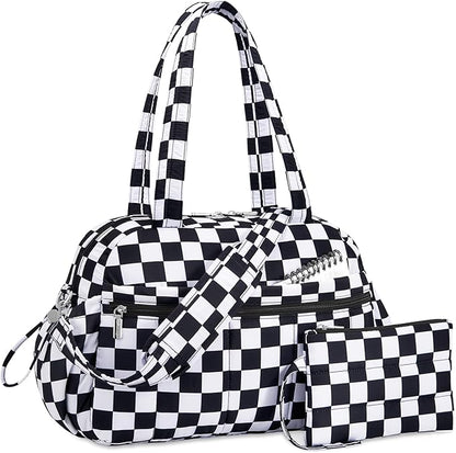 TOPDesign Travel Duffel Bag for Women, Puffer Gym Bag Sports Tote with Wet Pocket, Carry On Weekender with Luggage Sleeve (Checkerboard)
