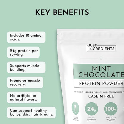 JUST INGREDIENTS Mint Chocolate Protein Powder ??30 Serving Bag ??Grass-Fed Whey & Plant Protein Blend with Real Cocoa & Peppermint ?“Sweetened, Non-GMO, Gluten-Free, No Artificial Flavors
