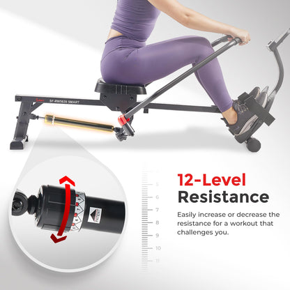 Sunny Health & Fitness Smart Full Motion Rower, Dark Gray