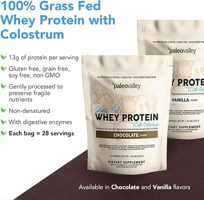 Paleovalley 100% Grassfed Whey Protein Powder with Colostrum, 13g Protein, Vanilla, Muscle Building, Immune Support, Gut Health