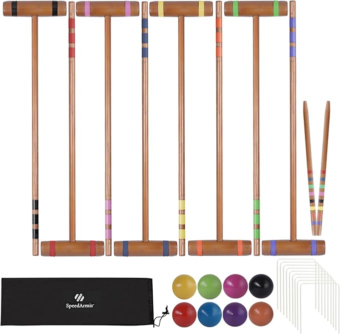 28In Croquet Party Set for 8 Players - Made of Long-Lasting Pine Wood, Family Fun for Backyards, Lawn and More, Comes with Colorful Mallets, PE Balls, Wickets, Stakes, and Carrying Bag