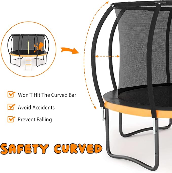 Trampoline 12FT 14FT 15FT 16FT for Kids/Adults - Outdoor Recreational with Enclosure Net Curved Poles and Ladder, Heavy Duty Anti-Rust Coating, ASTM Approval