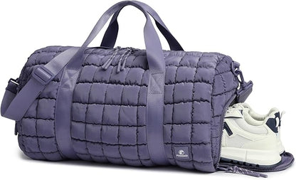 Quilted Duffel Bag for Women, Puffer Gym Duffle Bag with Shoe Compartment Lightweight Large Crossbody Sport Bag Travel Tote Mistviolet