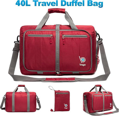 Bago Foldable Duffel Bags for Traveling Women & Men - 40L Sports Packable Duffle Bag for Travel with Shoe Compartment - Water Repellant, Heavy Duty, Lightweight Folding & Collapsible (Red)