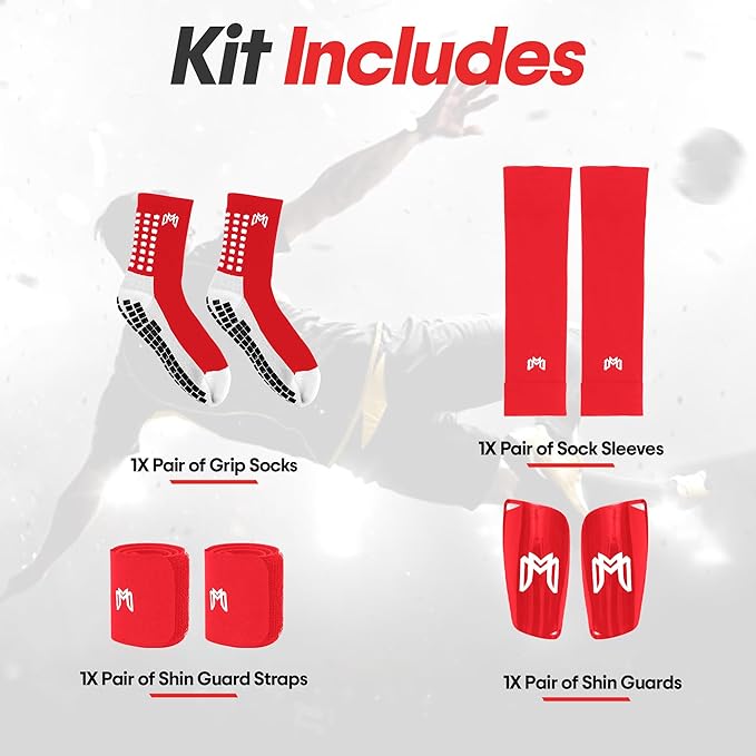 Soccer Grip Socks, Shin Guards, Pre Cut Sock Sleeves, and Guard Straps Bundle Pack - Essential Equipment for Soccer Players - for Mens, Women, Youth, Size 7 to 12 US Men Shoe Size