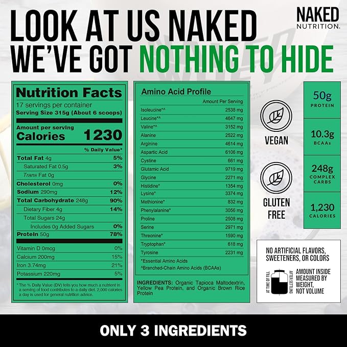 NAKED Vegan Mass - Natural Vegan Weight Gainer Protein Powder - 1,230 Calories, Non-GMO, Soy & Gluten Free, No Artificial Ingredients - 12LB Bulk - 17 Servings