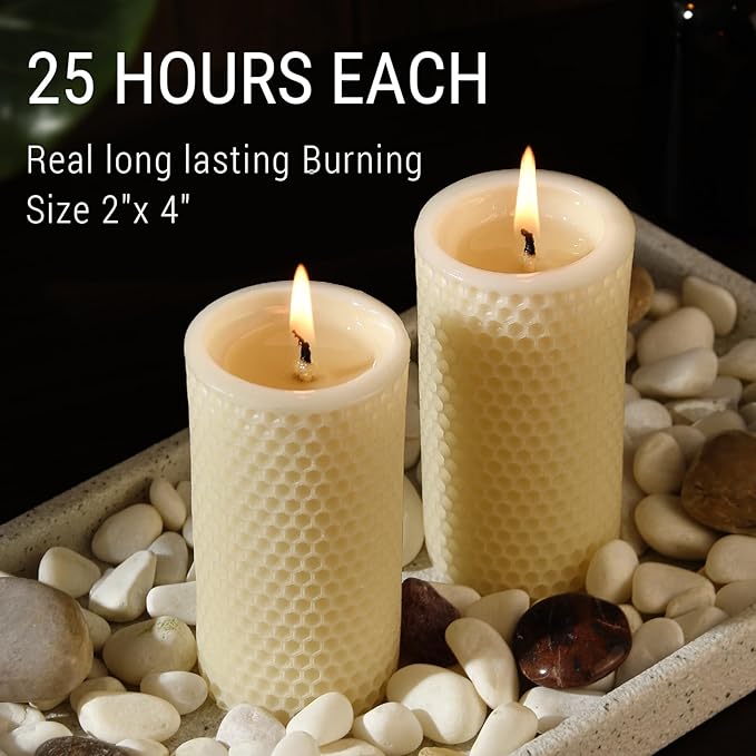 Pure Natural Beeswax Pillar Candles Bulk - Pack of 6 - Honeycomb Surface, No Scent- for Emergency/Prayer/Relax (2inch Diameter, 4 inch Tall - Off White)
