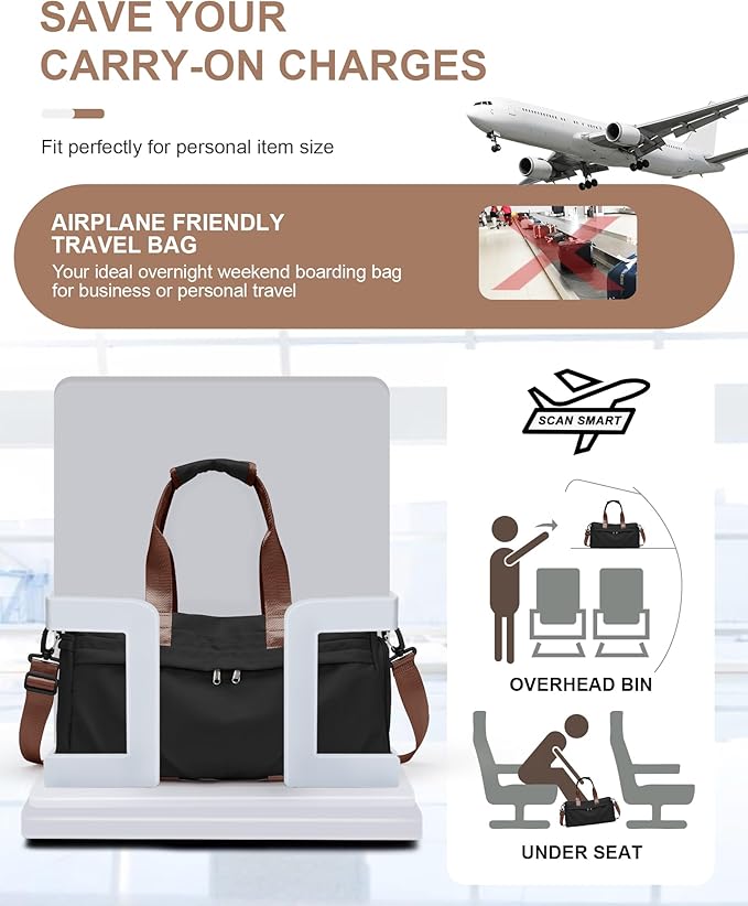 Gym Bag for Women Men with Shoe Compartment, Sport Duffel Bag, Waterproof Travel Weekender Overnight Carry on Bag for Yoga with Trolley Sleeve, Black Brown