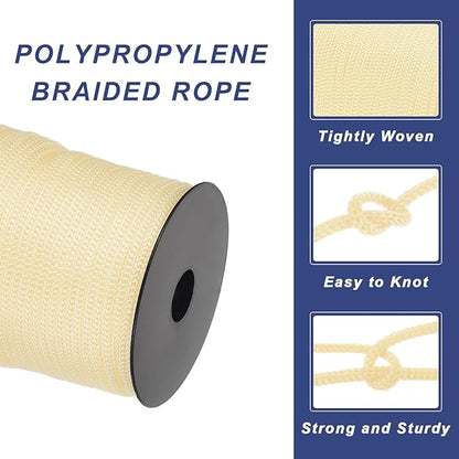 MECCANIXITY 5/32 Inch Polypropylene Rope Braided Ropes, 328ft Camping Rope Hollow Utility Cord for Clothesline, Hiking, Outdoor, Creamy White