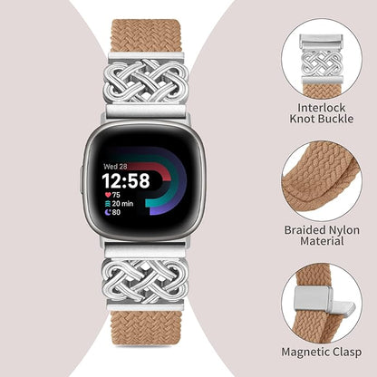 Braided Band Compatible with Fitbit Versa 4 Bands for Woman/Versa 3/Sense 1/Sense 2 Band, Magnetic Clasp Fabric Nylon with Designer Interlock Buckle Straps for Fitbit Versa4/3/Sense1/2