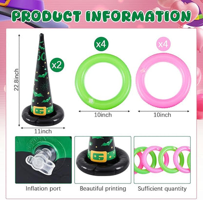 Leitee 10 Pcs Halloween Inflatable Witch Hat Ring Toss Game Set Carnival Pink and Green Inflatable Ring Toss Games Toys for Witch Themed Birthday Party Decoration Indoors Outdoors