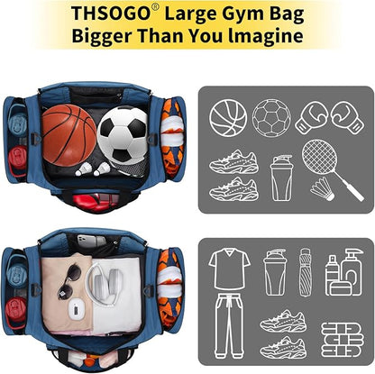 22 inch Gym Bag for Men - 55L Large Travel Duffle Bag Sports Equipment Bag with Multiple Zippered Pockets,Outdoor Workout Duffle Bag for Overnight Weekend - Blue