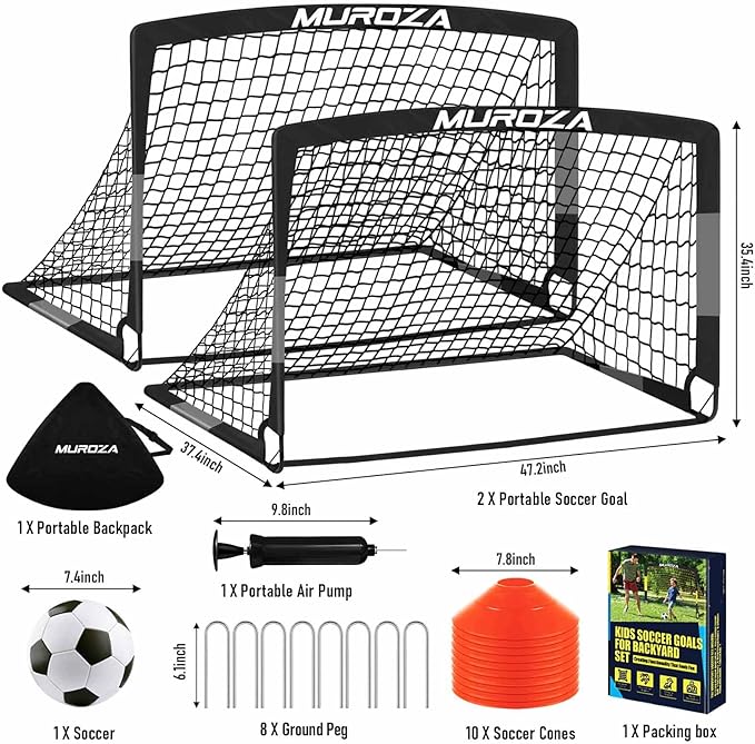 Soccer Goal, Kids Soccer Goals for Backyard Set, 2 Pack of Portable Pop Up Soccer Net with Soccer Ball, Cones, Complete Training Equipment for Youth, Toddler Outdoor Sports Games
