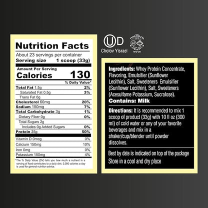 French Vanilla Whey Protein Powder. 25g Protein, 5.5g BCAA, Cholov Yisroel Kosher, Gluten-Free, Sugar-Free, Keto-Friendly, Smooth Mixing Post-Workout Protein Shake Powder, 26.4oz (23 Servings)