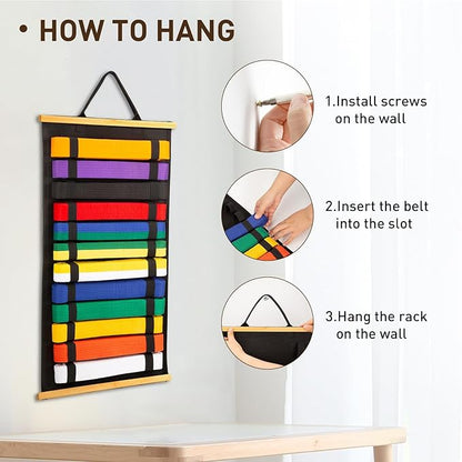 12Belts Karate Belt Display Rack with Bamboo Frame, Felt Taekwondo Belt Display, Martial Art Belt Display Holder for Martial Art Learner, Not Easily Deformed Surprise Choice (Stud Included)