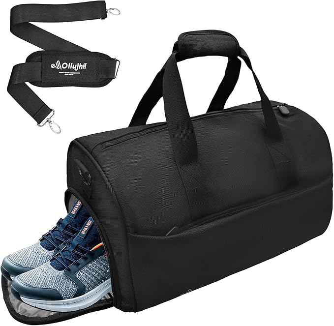 Gym Bag for Men Women, Duffle Bag with Shoe & Laptop Compartment, Waterproof Fitness Workout Sports Bag for Travel Overnight Weekend Swimming Yoga (Black, 42x25x20cm)