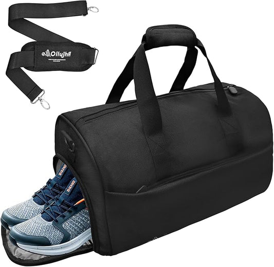 Gym Bag for Men Women, Duffle Bag with Shoe & Laptop Compartment, Waterproof Fitness Workout Sports Bag for Travel Overnight Weekend Swimming Yoga (Black, 42x25x20cm)