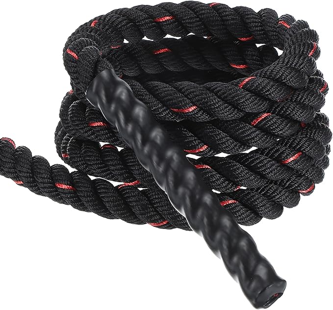 MECCANIXITY Battle Rope 10ft x 1 Inch Polyester Workout Rope Heavy Fitness Exercise Rope for Strength Training Home Gym Muscle Building, Black Red