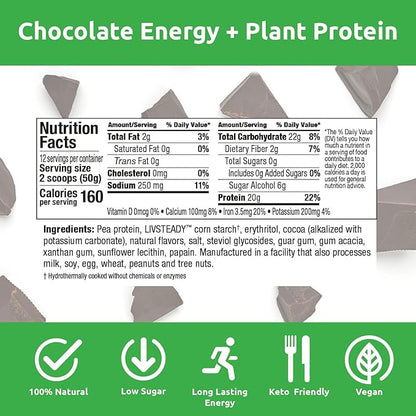 UCAN Energy + Plant Protein Powder - Vegan Plant Based Protein 20g Pea Protein with Amino Acids EAAs & BCCAs - Keto Protein Powder - No Added Sugar, Gluten-Free - Chocolate -12 Servings