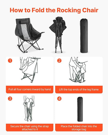 VEVOR Rocking Camping Chair, Portable Folding Rocker, Heavy-Duty Lawn Chair Recliner with Cupholder & Pocket, Supports 225lbs, Fully Padded Camp Chairs for Outdoor Patio Backyard Porch Garden