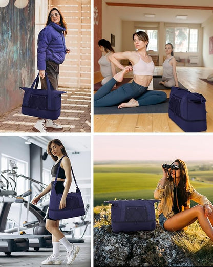 sportsnew Gym Travel Bag for Women, Large Travel Duffel with Shoe Compartment and Wet Pocket, Water Resistant Weekender Overnight Carry on Sports Tote Bags, Navy Blue, patent pending