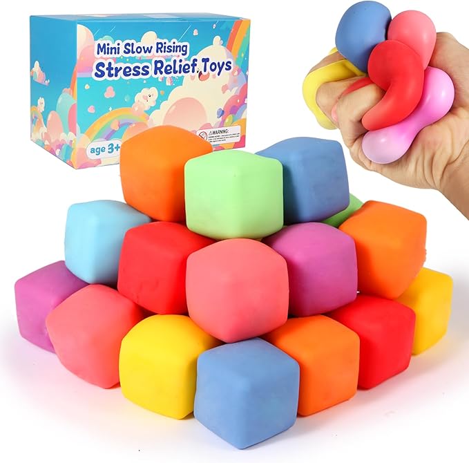 24 Pack Slow Rising Stress Cube , Dough Stress Balls Soft Fidget Squishy Toys for Anxiety Relief, Pull Stretch Classroom Prize Party Favors Toys for Kids