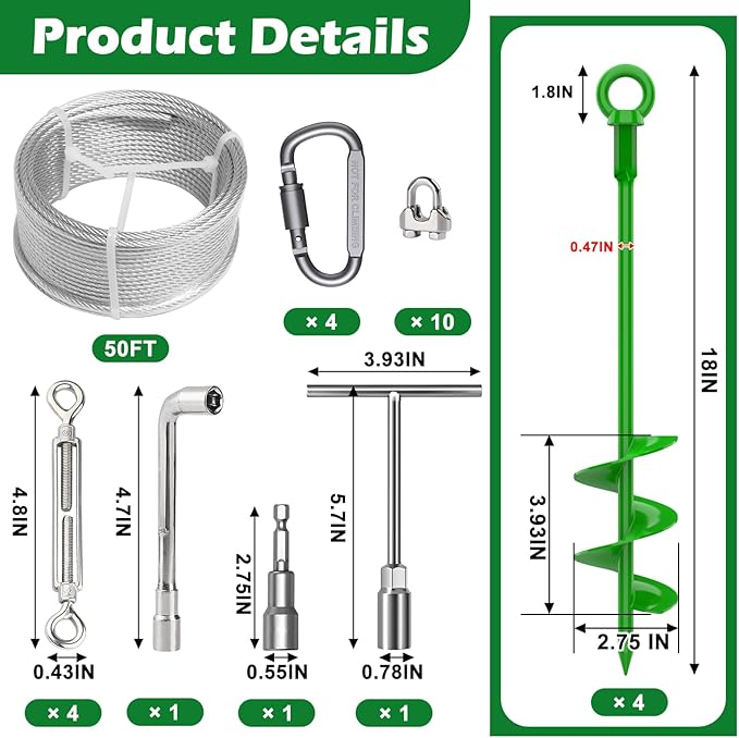 4 Pcs 18" Fully Welded Ground Anchors Shed Anchors Kit with 1/8" Galvanized Cable & Turnbuckles & Carabiners, Heavy Duty Earth Anchors for Sheds Trees Trampoline Greenhouse Swing Set Tent (Green)