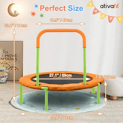 Ativafit 36inch Mini Toddler Trampoline for Kids Ages 2-6 Indoor Outdoor Folding Small Rebounder Trampoline with Foam Handle Safety Padded Cover Fun for Kids
