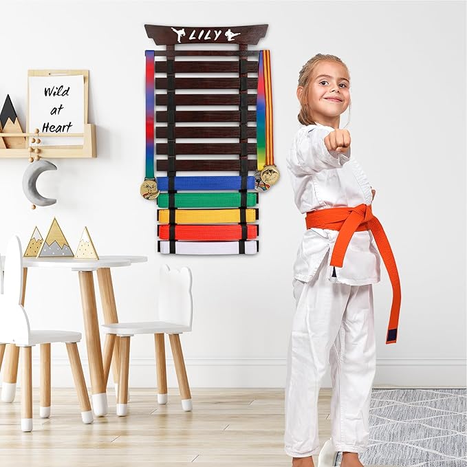 12 Belts Karate Belt Display Rack with Stickers, Martial Arts Belt Display Holder, Taekwondo Belt Jiu Jitsu Belt BJJ Belt Display Hanging Holder for Adults