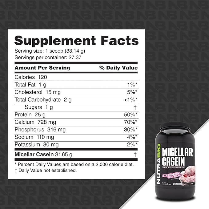 NutraBio Casein Protein Powder, Micellar Casien Powder, 25g Slow Digesting Protein, Helps Keep You Full, Overnight Muscle Recovery & Growth, BCAA & EAA, Gluten Free, Soy Free, 2lb Strawberry Ice Cream
