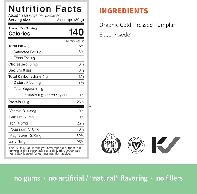 Sprout Living Organic Pumpkin Seed Protein Powder, Unflavored, 20 Grams of Plant Based Protein Powder Without Artificial Sweeteners, Non Dairy, Non-GMO, Vegan, Gluten Free (1 Pound, 15 Servings)