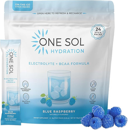 One Sol BCAA & Electrolyte Powder for Hydration & Energy, All-Natural Formula, 100% Vegan, Non-GMO, Gluten Free & Soy-Free, Promotes Muscle Growth & Recovery, Natural Blue Raspberry Flavor