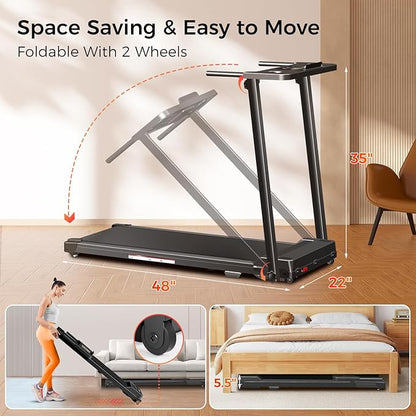 Treadmill with Handles, Portable Small Treadmills for Home and Office, 3.0HP Folding Walking Pad with 300 lbs Capacity, Cup Holder, LED Display and 12 Preset Programs