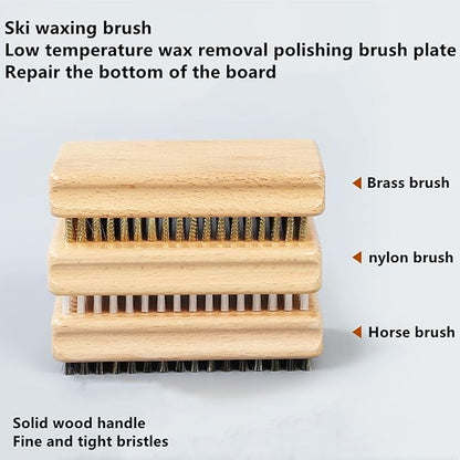 3 Pieces of ski Wax Brush, ski Brush Wooden Hand Brush Set, Brass Brush, Nylon Brush, Horsehair Brush, Size 4.7 "X 2.8", Outdoor ski waxing, Cleaning, Wax Removal, polishing,Snowboard Wax Brush
