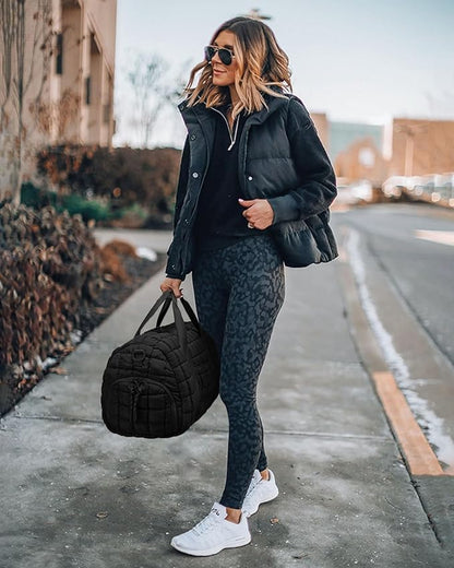 FODOKO Quilted Duffel Bag for Women, Puffer Gym Duffle with Shoe Compartment, Lightweight Large Crossbody Sport Bag Travel Tote, Black