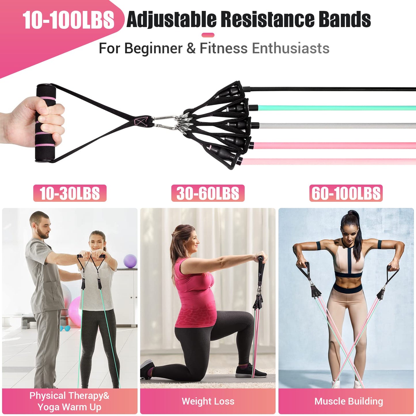 Resistance Bands with Handles for Women, 5 Level Exercise Bands Workout Bands for Physical Therapy
