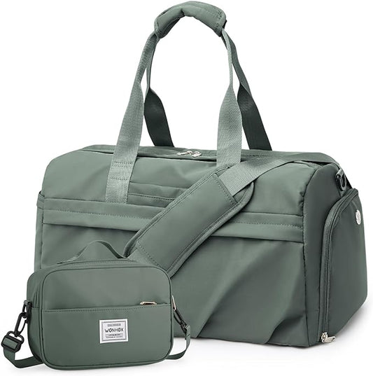 Gym Bag for Women Men, Sport Duffel Bag with Toiletry Bag & Shoe Compartment,Waterproof Travel Weekender Overnight Carry on Bag for Yoga with Trolley Sleeve, Green Set