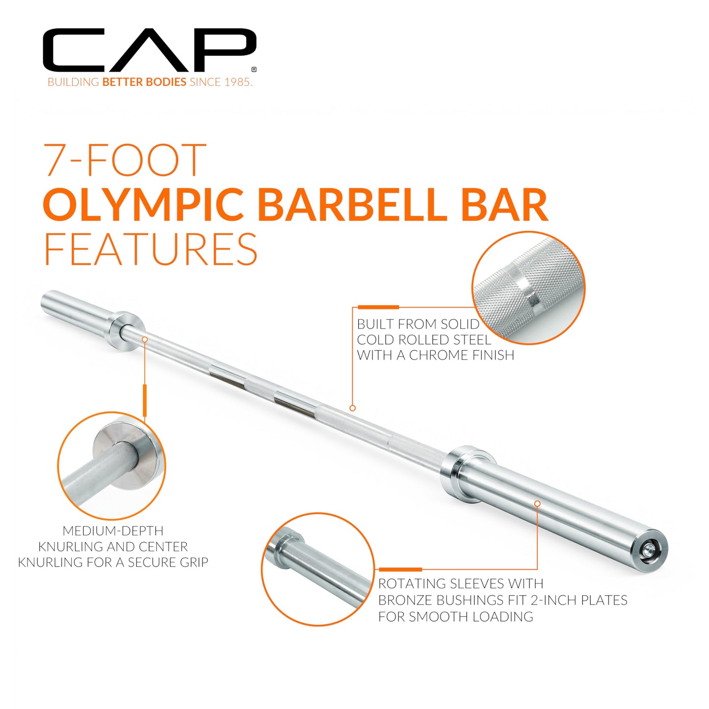 CAP 44lb 7ft Olympic Barbell, Chrome, Strength Training