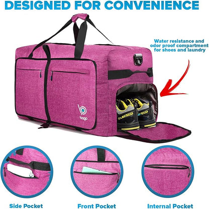 Bago Big XXL Foldable Duffel Bags for Traveling Women & Men - 140L Packable Duffle Bag for Travel with Shoe Compartment - Water Repellant, Heavy Duty, Lightweight Folding & Collapsible (SnowPink)