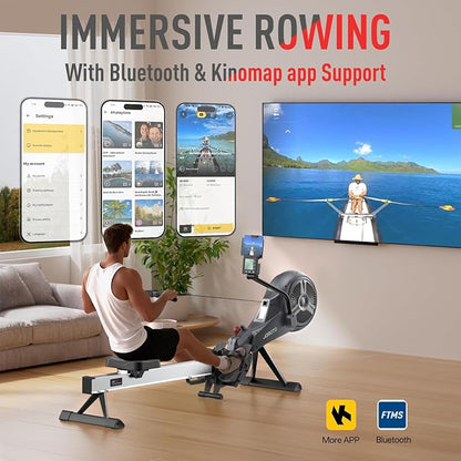 JOROTO Rowing Machine for Home Foldable, Air Magnetic Rowing Machines with 10-Level Adjustable Resistance, Quiet Ergonomic Seat，Bluetooth App, Max 350LBS, Space-Saving Home Gym, Gray