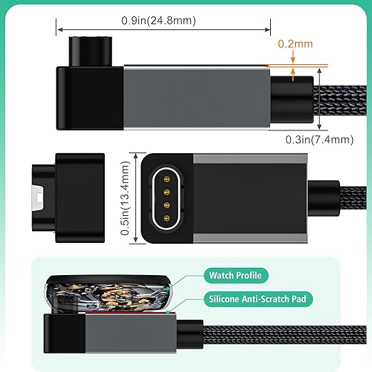 AGVEE 2 Pack 6.6ft Charger for Garmin Watch, L-Shape Zero Gap Charging Cable for Fenix, Forerunner, Vivoactive, Instinct, Venu, Tactix, Approach, D2, Quatix Series, Right Angle Braided, Dark Gray