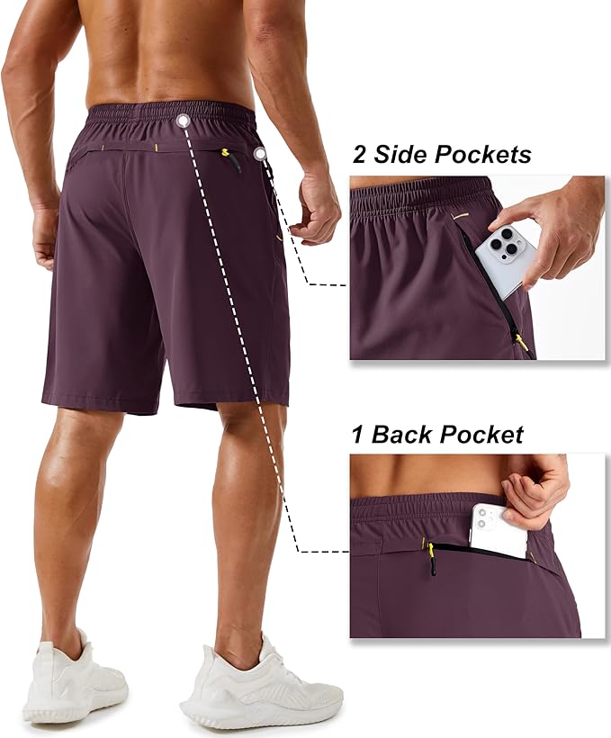 TACVASEN Men's Running Athletic Shorts 9" Quick Dry Workout Gym Shorts Lightweight Summer Shorts 3 Zipper Pockets